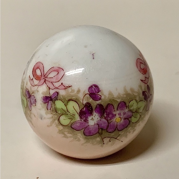 Early Mid Century Floral Bow Hand Painted Porcelain Cane Topper Ball Handle - Picture 1 of 16